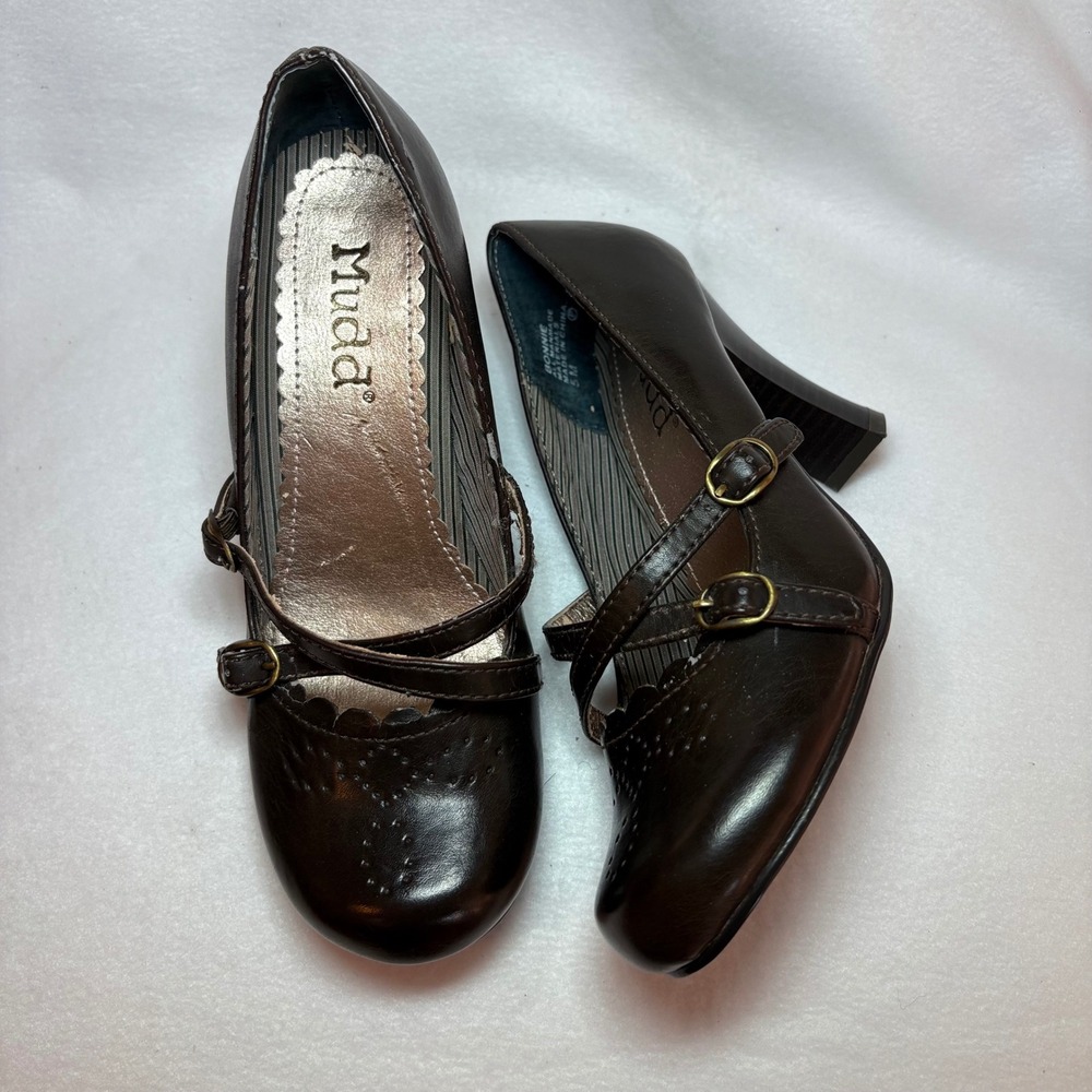 Mudd Bonnie Brown Mary Jane Heels Double Strap Brogue Block Heel Pumps Size 5M